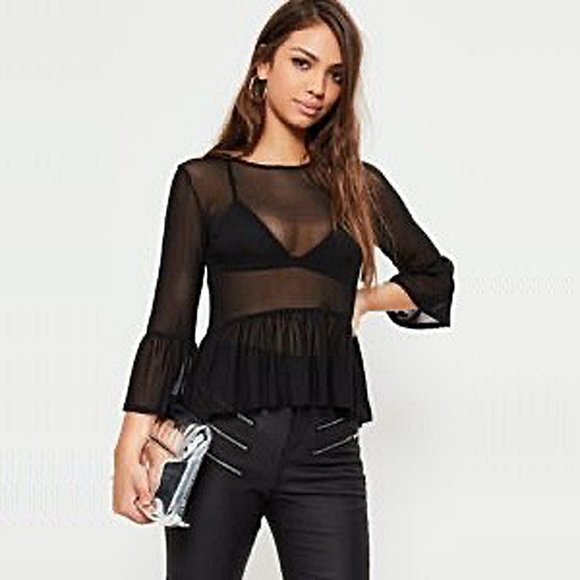 Missguided Tops - Missguided Sheer Mesh Bell-Sleeve Ruffle Blouse in Black